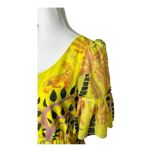 Saloni Pippa Silk Midi Dress Georgette Jungle Yellow Ruffle Citrus Floral NWT 6 - Picture 6 of 16